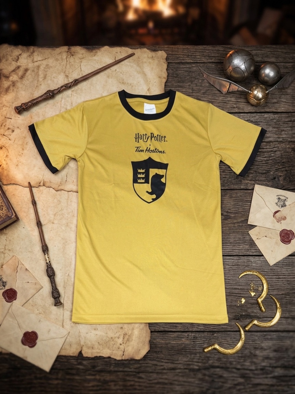 NWOT Tim Hortons x Harry Potter Hufflepuff Yellow Ringer T-Shirt Unisex - Small